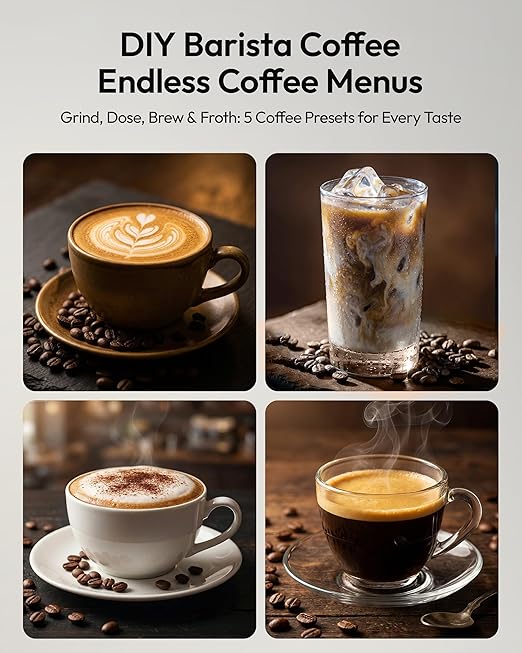 EUHOMY Fully Automatic Espresso Machine 20 Bar Coffee Maker with Grinder and Integrated Milk Frother Automatic Espresso Machine with Touch Screen 15-Grind Settings Coffee Machine for Home Silver