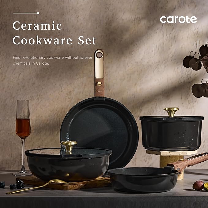 CAROTE 15Pcs Ceramic Cookware Set Pots and Pans Set Non stick Kitchen Cooking Set with Detachable Handle Non Toxic Induction Cookware Dishwasher/Oven Safe PFAS Free Black&ampGold