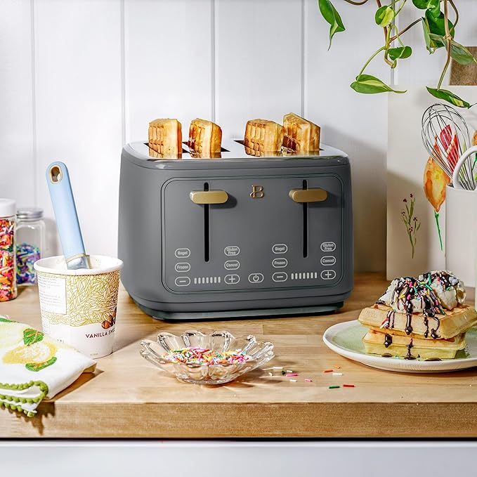 Toaster with Touch Activated Display by Drew BarrymoreExtra-Wide Slots 7 Settings Reheat Functions LED Countdown Timer (Oyster Gray)