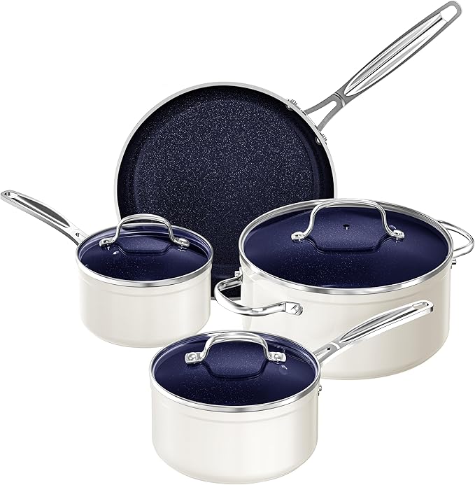 Nuwave 7pc Cookware Set Healthy Duralon Blue Ceramic Nonstick Coated Diamond Infused Scratch-Resistant PFAS Free Oven Safe Induction Ready &amp Evenly Heats Tempered Glass Lids &amp Stay-Cool H