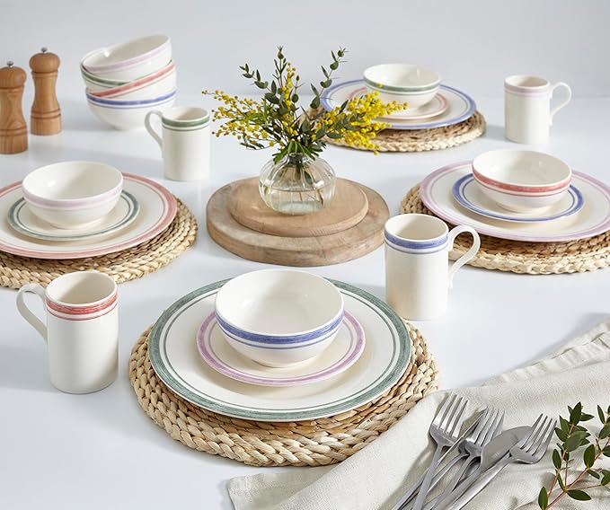 Portmeirion Potter’s Stripe 16-Piece Dinnerware Set - Red Earthenware Plates Bowls &amp Mugs Minimal Serveware for Everyday Family Dining &amp Gathering Holiday Entertaining &amp Gift Giving (Se