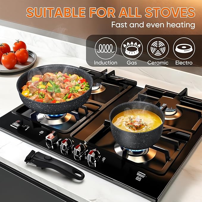 Vesteel 18Pcs Pots and Pans Set Nonstick Cookware Set with Detachable Handle Stackable RV Kitchen Cooking Utensils Set Black