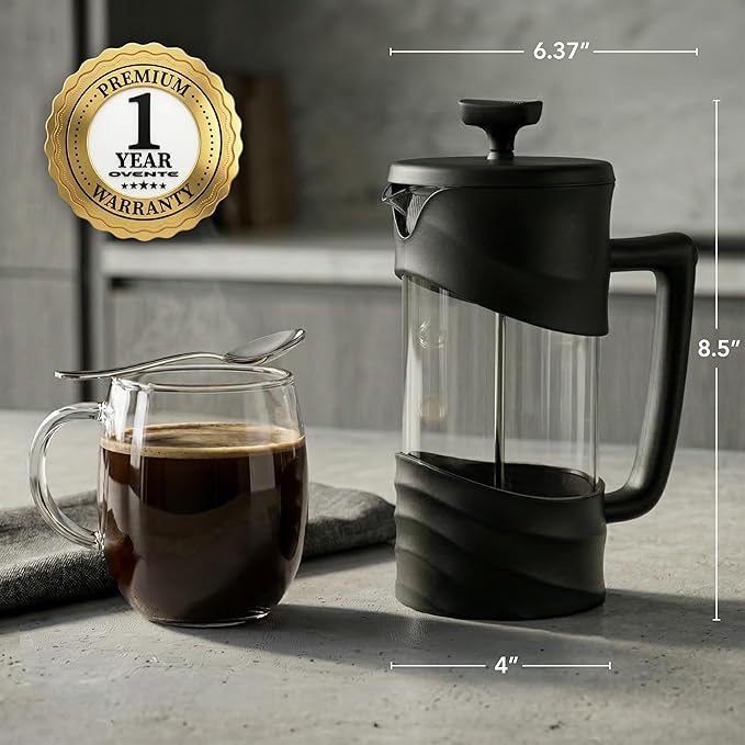 OVENTE French Press Coffee Maker 34 Ounce with Heat Resistant Borosilicate Glass &amp Stainless Steel 4-Level Filtration System Portable Cold Brew Coffee Maker for Travel Camping or Gift Black FPW