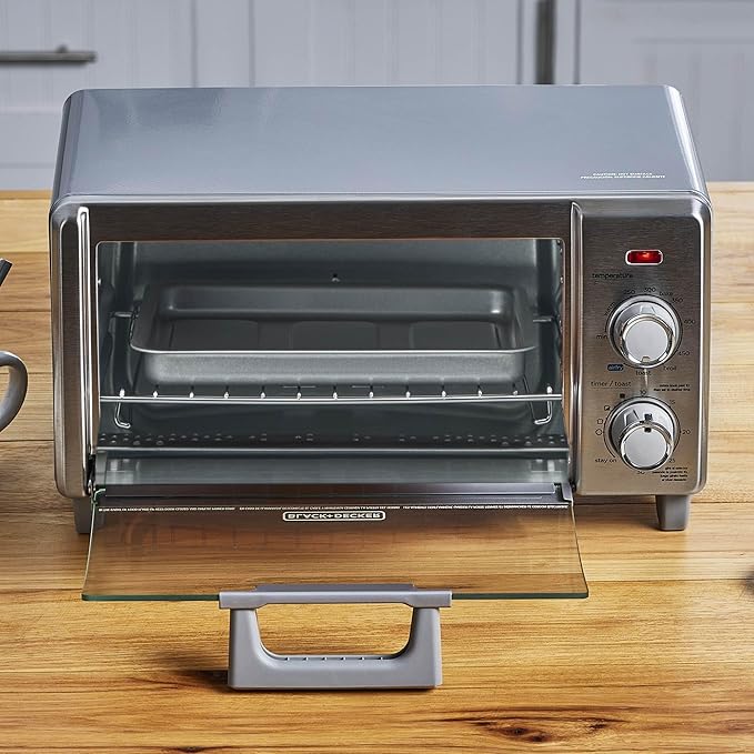BLACK+DECKER Crisp 'N Bake Air Fry Countertop Convection Toaster Oven Medium Capacity 4-Slice 5-in-1 Fits 9” Pizza 30-Min Timer Bake Broil Air Fry Toast Keep Warm Stainless Steel