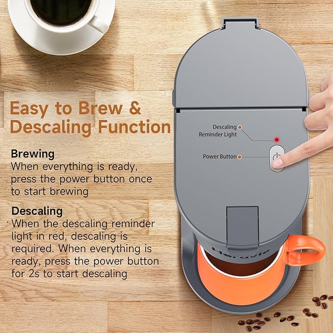 Small Single Serve Coffee Maker 2 in 1 Fast Brew One Cup Coffee Machine 6 to 12 oz. Brew Sizes Capsule Coffee Machine with Descaling Reminder Fits 5.5 Mug Grey