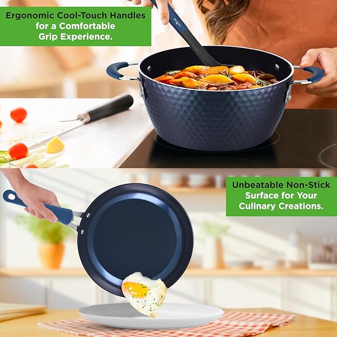 NutriChef 11 Piece Pots and Pans Set - Non Stick Cookware Set with Ceramic Coating Cool-Touch Handles Induction Ready Includes Lids and Utensils - Diamond Blue
