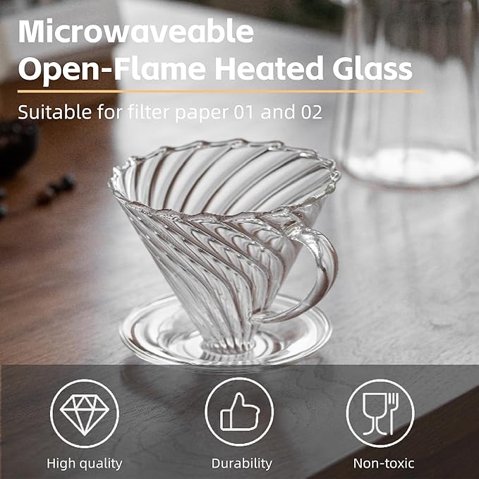 Coffee Dripper Resuable Pour Over Coffee Maker With Handle Slow Brewing Coffee Pour Over for Cafe Travel Home&ampOffices Single Cup Coffee Pour Over #02 (Borosilicate Glass 1-4 Cups)
