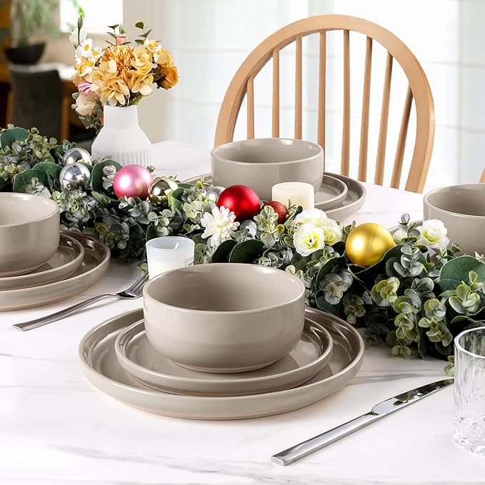 LIANYU Dinnerware Dishes Sets for 8 24-Piece Stoneware Dinner Set Ceramic Dining Bowls and Plates Crafted at 2400℉ Scratch Resistant Microwave &amp Dishwasher Safe Milky Brown