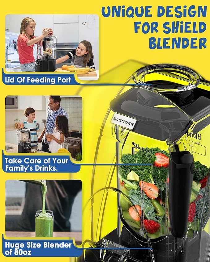 CRANDDI Quiet Commercial Blender with Soundproof Shield 2200 Watt Professional Blenders for Kitchen with 80oz Jar and Self-Cleaning High-Speed Blenders K90 Black