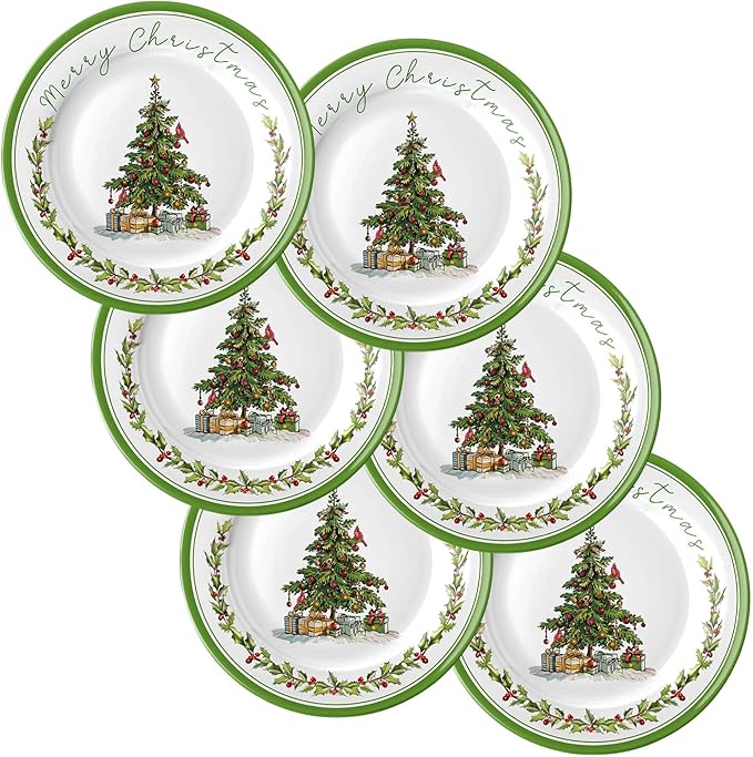 6 Pcs Christmas Melamine Plates Dinner Salad Plates Xmas Tree Dinnerware Xmas Wreath Dishes Holiday Tableware for Dessert Salad Appetizer Birthday Party(Christmas Tree8 Inches)