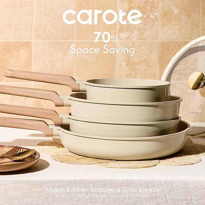 CAROTE 14Pcs Pots and Pans Set Non stick Ceramic Cookware Set Non-toxic Kitchen Cooking Set PFAS and PFOA Free