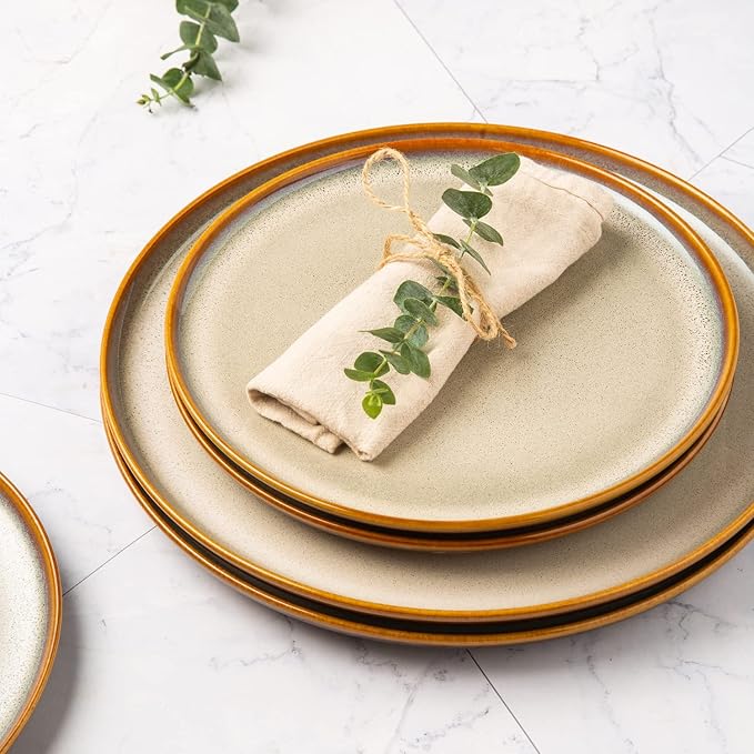 Ceramic Dinnerware Sets of 4Poreclain Plates and Bowls SetsHandmade Reactive Glaze Dishes SetChip Resistant and Scratch Resistant | Oven&ampDishwasher &amp Microwave Safe16PCS-Kahki