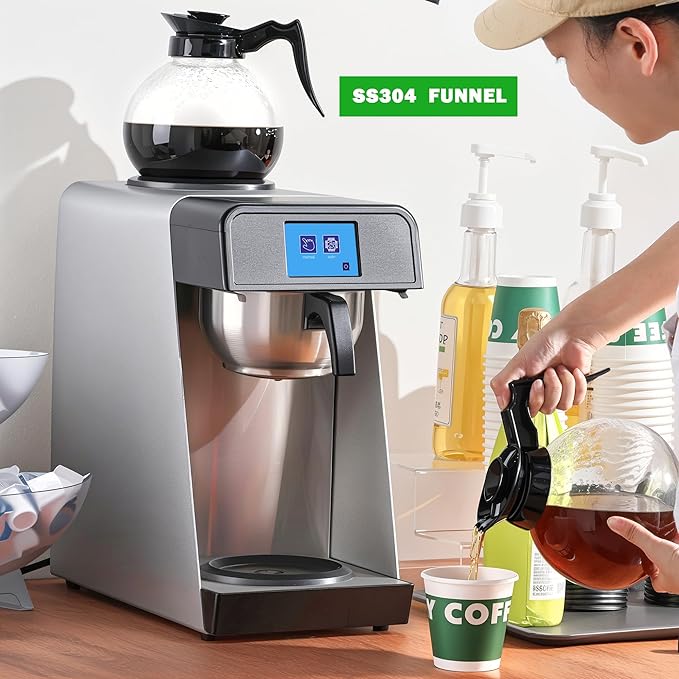 12-Cup Commercial Drip Coffee Maker 1.8L Auto Filling Pour Over Coffee Machine with 2 Glass Carafes 2 Warmers LCD Panel Automatic Stainless Steel Coffee Brewer for Cofe Bar and Restaurant