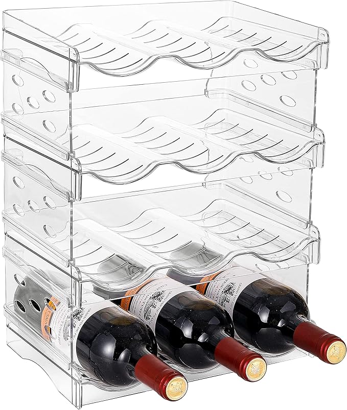 IEEK 4 Pack Stackable Wine and Water Bottle Holder Free-Standing Fridge Wine Bottle Organizers Clear Plastic Water Bottle Holder for CabinetRefrigeratorPantryKitchen CountertopsHolds 12 Bottles