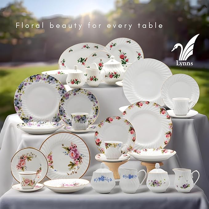 Lynns Paradise 45-Piece Vintage Rose Dinnerware Set 24K Gold Trim | Embossed Swirl Floral Plates &amp Bowls | Apartment Essentials | Home Kitchen Dinner Accessories