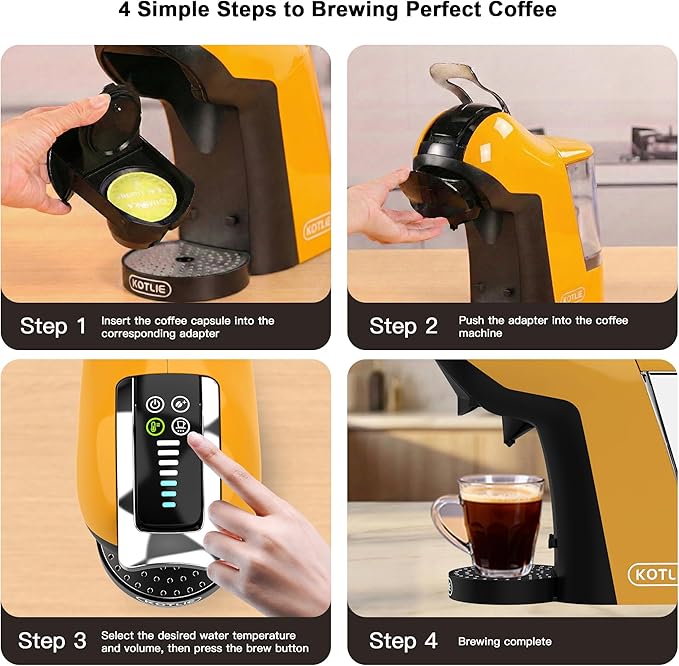 KOTLIE EM-308B Espresso Machine Single Serve Coffee Maker Compatible with Multiple Capsule Types Ground Coffee and ESE Pods 3 Temperatures 7 Water Volume Levels 34 Oz（Yellow）