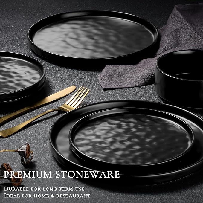 Vesteel 16-Piece Dinnerware Sets Stoneware Dish and Bowls Set for 4 Handmade Reactive Glaze Coupe Plates Set Chip &amp Scratch Resistant - Matte Black