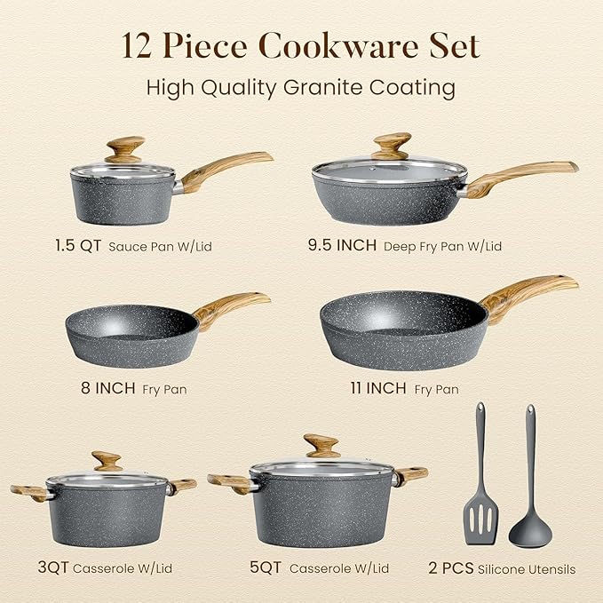 Kitchen Academy 12-Piece Induction Cookware Set - Gray Granite Nonstick Pots and Pans for Effortless Cooking