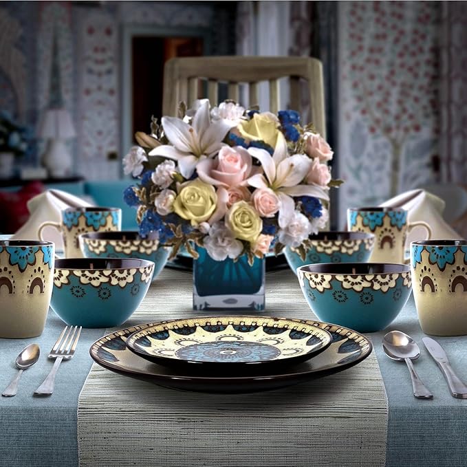 Round Stoneware Dinnerware Set - 16 Piece Tan &amp Blue Clay Heart Design Service for 4 Microwave &amp Dishwasher Safe