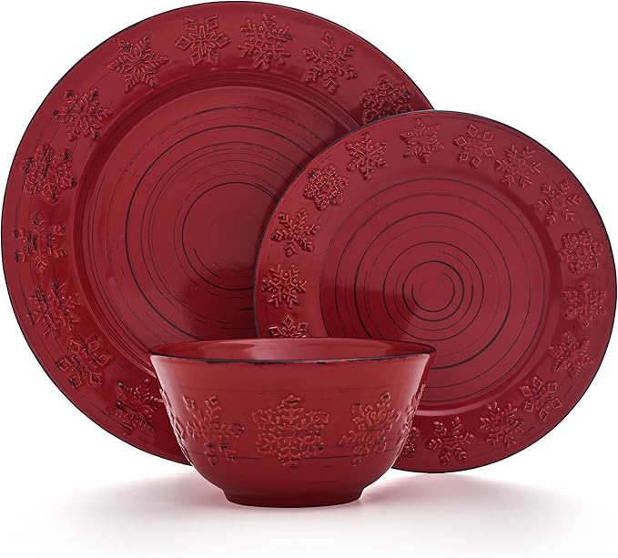 Pfaltzgraff Trellis Snowflakes 12 Piece Dinnerware Set Service For 4 Red