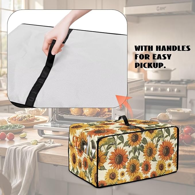 Faux Linen Polyester Toaster Oven Cover Scratch Resistant Appliances Dust Cover with Top Handle Side Storage Pockets for Home Kichen Appliances Retro Sunflower