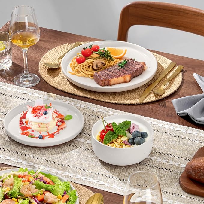E-far 18-Piece Stoneware Dinnerware Sets Plates and Bowls Sets for 6 Ceramic Dishware Dishes Set with Terracotta Base Chip &amp Scratch Resistant Microwave &amp Dishwasher Safe Speckled White