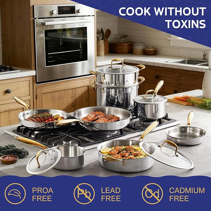 Triple Ply Stainless Steel Pots and Pans Set EWFEN 12 Piece Induction Cookware Set Oven Dishwasher Safe | Frying Pans Saucepans Saute Pan &amp Stock Pot PFOA Free Kitchen Skillet Gold