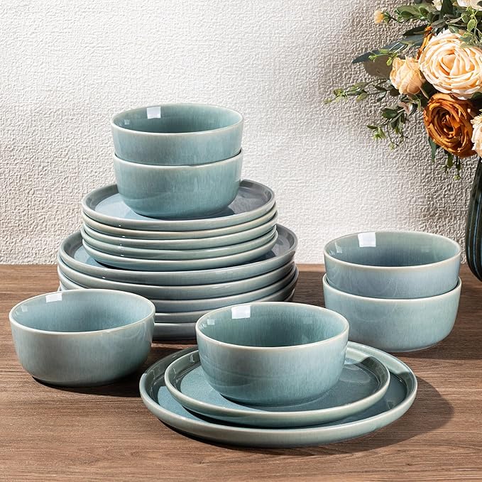 GBHOME Ceramic Dinnerware Sets for 6 18 Pieces Stoneware Plates and Bowls Sets Scratch Resistant Dishes Dishwasher &amp Microwave Safe Reactive Glaze-Malachite Green