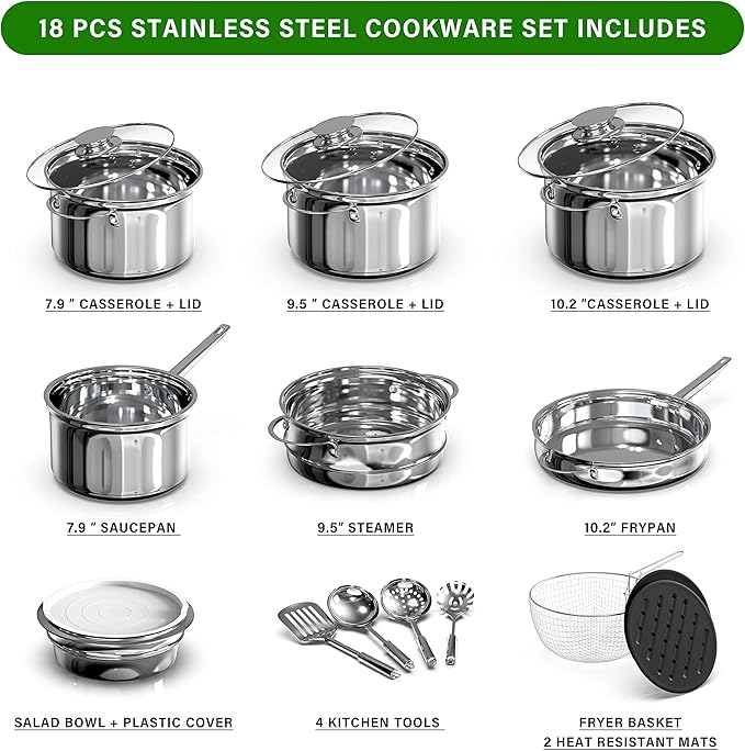 YSSOA 18-Piece Stainless Steel Kitchen Cookware Set Including Saucepan Casseroles with Tempered Glass Lid Frypan Steamer Salad Bowl  Fryer Basket Heat Resistant Mat &amp Utensils Set Silver