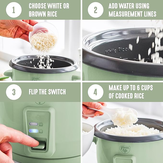 GreenLife Rice Cooker with Removable PFAS-Free Ceramic Nonstick Pot 3-Cups Uncooked/6-Cups Cooked Grains &amp Oatmeal Multicooker Compact One-Switch Design Auto Keep Warm Easy Clean Sage Green
