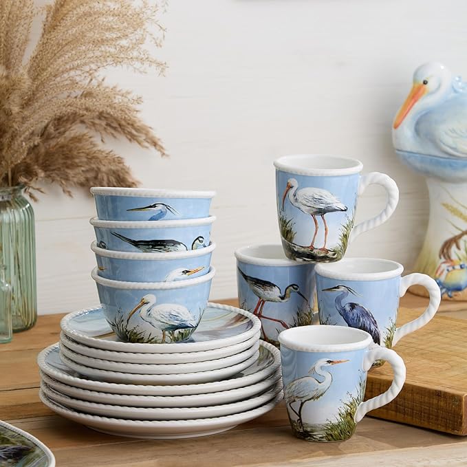 Coastal Birds 16-Piece DINNERWARE SET SERVICE for 4 Ceramic Dinner Salad Plates Mugs Bowls artist-designed Wetland Birds Blue Sky for Coastal Dining