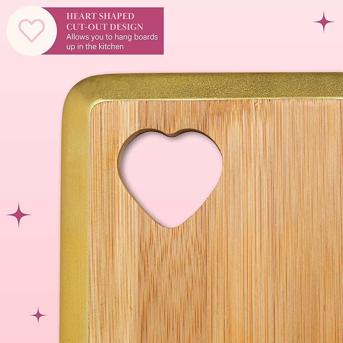 Paris Hilton Reversible Bamboo Cutting Board Set with Heart Shaped Cut-Out Design Glamorous Gold Edge Detail and Multiple Board Sizes 3-Pieces Gold