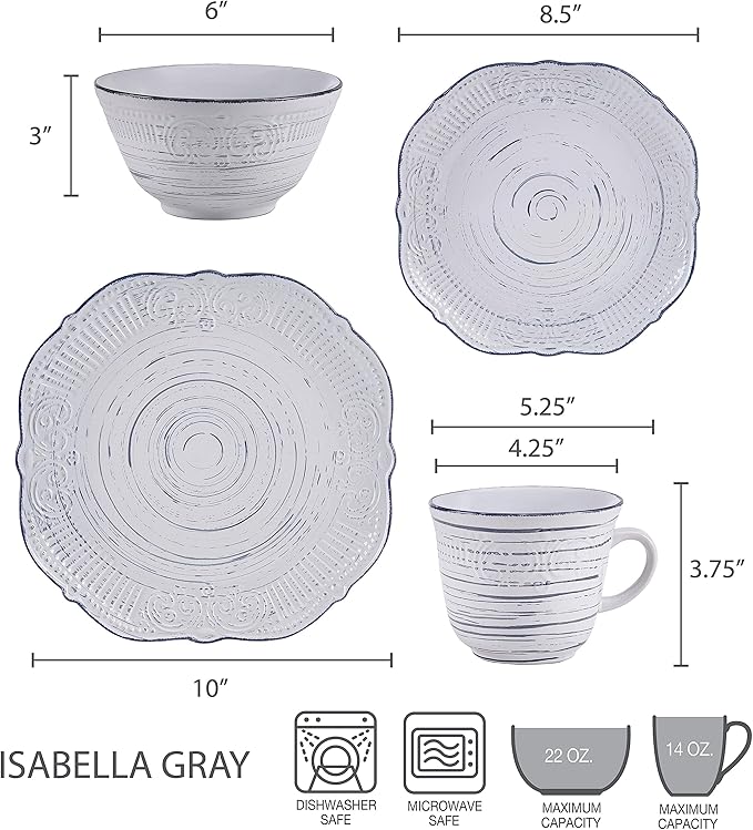 Pfaltzgraff Isabella 16-Piece Stoneware Dinnerware Set Service for 4 - Handpainted Unique Glazed Finish - Includes Dinner Plates Salad Plates Bowls Mugs - Dishwasher &amp Microwave Safe (Gray)