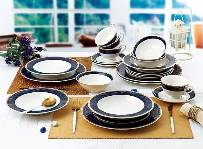 HOMEHUT 24 Piece Dinnerware Set-Bone China - Elegant Navy and Gold Design Lightweight Yet Durable Perfect for Formal Dining and Entertaining Guests Service for 4 people