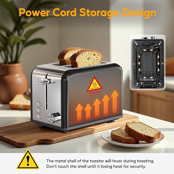 HealSmart 2-Slice Stainless Steel Toaster 6 Browning Setting and 3 Function Toaster Extra Wide Slot &amp Removable Crumb Tray for Bread &amp Waffle Black