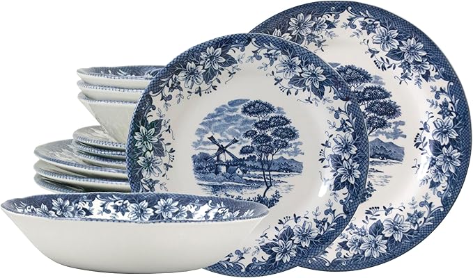 TUDOR ROYAL 12-Piece Porcelain Round Dinnerware Set Service for 4 WINDMILL BLUE Design Blue Floral Plates Bowls Dishes Premium Quality Tableware Unique Pattern Glossy