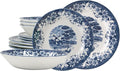 TUDOR ROYAL 12-Piece Porcelain Round Dinnerware Set Service for 4 WINDMILL BLUE Design Blue Floral Plates Bowls Dishes Premium Quality Tableware Unique Pattern Glossy