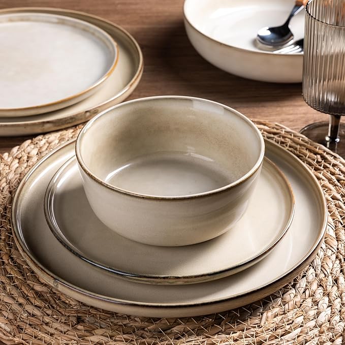 GBHOME Ceramic Dinnerware Sets for 6 18 Pieces Stoneware Plates and Bowls Sets Scratch Resistant Dishes Dishwasher &amp Microwave Safe Reactive Glaze-Cappuccino