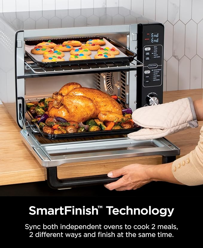Ninja DCT401 12-in-1 Double Oven with FlexDoor FlavorSeal &amp Smart Finish Rapid Top Convection and Air Fry Bottom  Bake Roast Toast Air Fry Pizza and More Stainless Steel