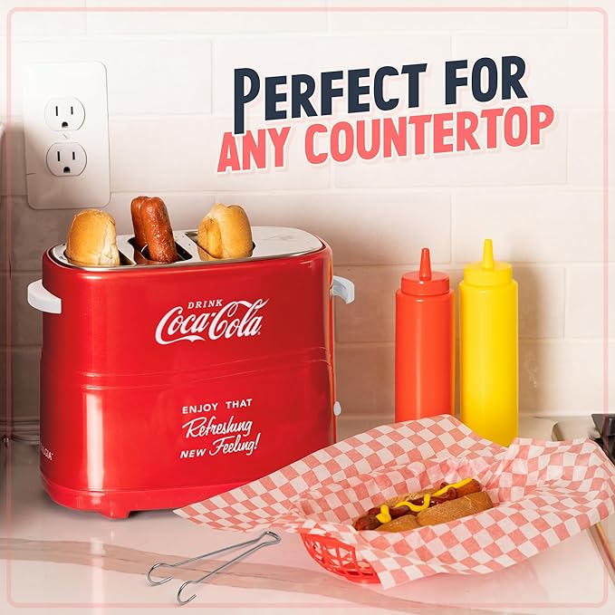 Nostalgia Coca-Cola Hot Dog Toaster - 2 Slot Bun Mini Tongs - Works with Chicken Turkey Veggie Links Sausages and Brats - Coke Red