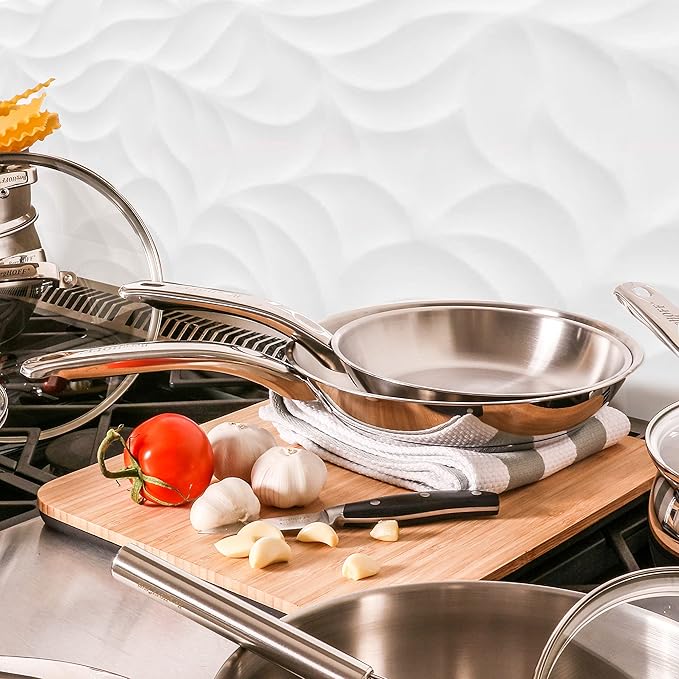 Berghoff Belly Shape18/10 Stainless Steel 3Pc Cookware Set Fry Pan 8 Inches Skillet 2.5qt. Glass Lid Fast Evenly Heat Induction Cooktop Ready Dishwasher Safe