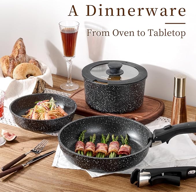 JEETEE Pots and Pans Set Non Stick 19pcs Kitchen Cookware Sets with Detachable Handle Induction Nonstick Cookware Set with Removable Handle Stackable RV Cookware Oven Safe PFOA Free Black