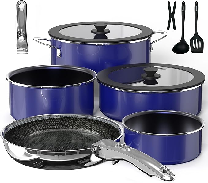 Pro DUXANO 12PC Nonstick Pots and Pans Set&ampHybrid 3-Ply Stainless Steel Skillet High Heat Sear&ampFry 2-Layer Ceramic Induction Cookware 9H Scratch-Resistant&ampAnti-WarpPFAS FreeAll Cookto