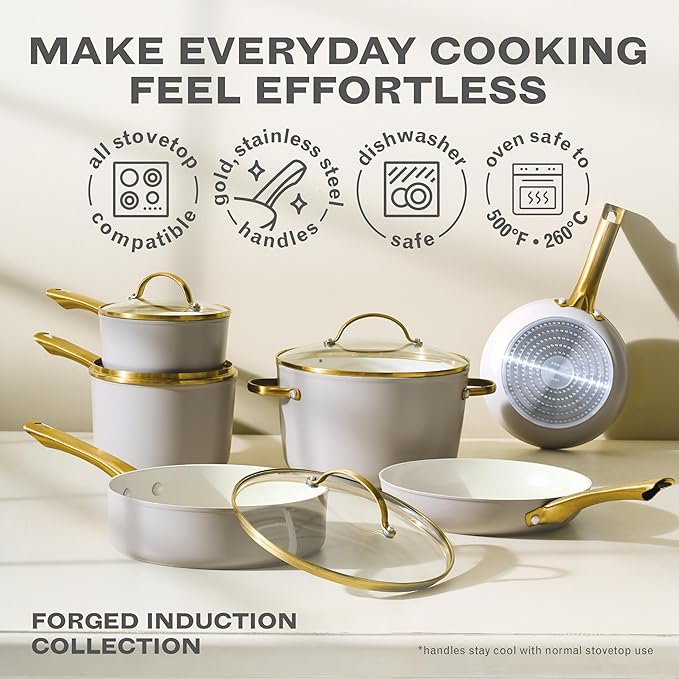 Farberware Forged Induction Ceramic Nonstick Pots and Pans Set with Cooking Tools Dishwasher Safe Gold Color Stainless Steel Handles 12 Piece Cookware Set - Taupe