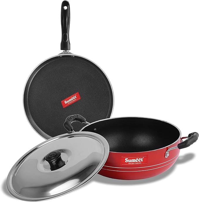 Sumeet Ruby Aluminium Dosa Tawa Kadhai With Lid 1.5 L 1 Dosa Tawa1 Kadhai With Lid (Red)