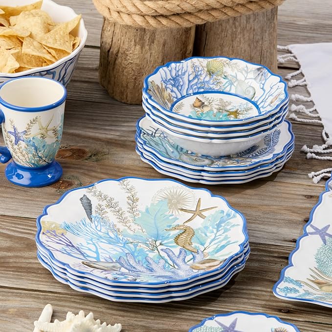 Blue Lagoon Melamine 12-Piece Dinnerware Set – Coastal Coral and Shell Design Service for 4 – 11 Dinner Plates 9 Salad Plates and 28oz Bowls – Durable Lightweight BPA-Free Dishwasher SafE