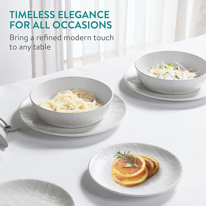 Navaris Linen Artisan Stoneware Dinnerware Set (18 Pieces) - White Dinnerware with Dinner Plates Side Plates and Pasta Bowls - Dishwasher and Microwave Safe