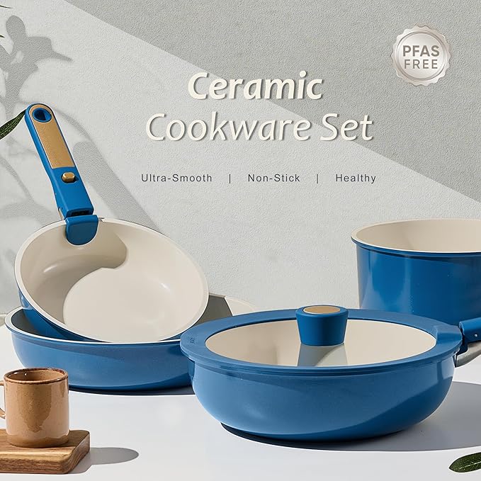 CAROTE 15Pcs Ceramic Cookware Set Pots and Pans Set Non stick Non Toxic Cookware Detachable Handle Induction Cookware Dishwasher/Oven Safe RV/Camping PFAS Free Blue&ampGold