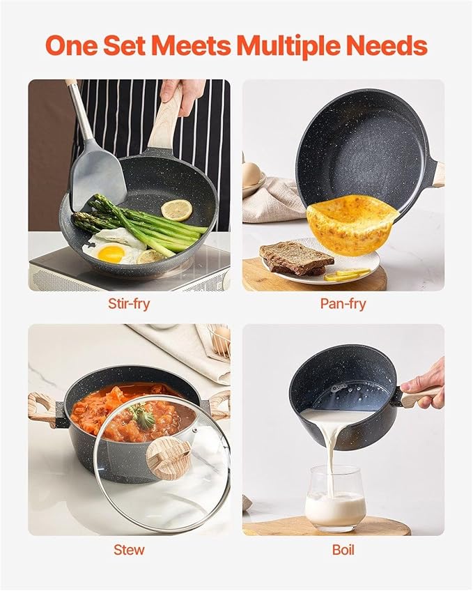 17 Piece Pots and Pans Set Granite Nonstick Cookware Induction Compatible - Black