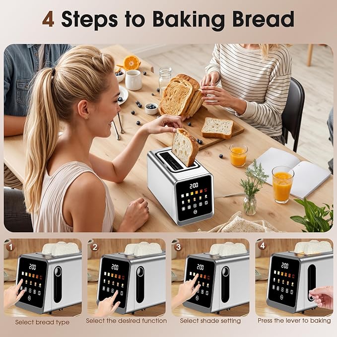 Touch Screen Toaster 2 Slice Stainless Steel Smart Digital Toasters with Single Slot Toasting Memory Function 5 Bread Types &amp 6 Shade Settings1.5 Wide Slot 900W